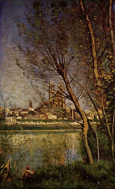 Cathedral of Mantes, with Fisherman av Jean Baptiste Camille Corot
